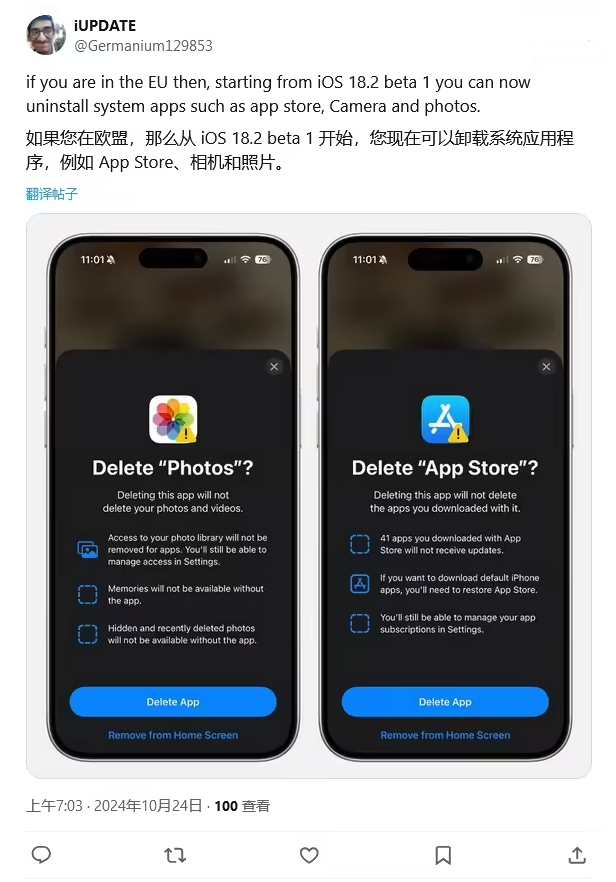 三河苹果手机维修分享iOS 18.2 支持删除 App Store 应用商店 