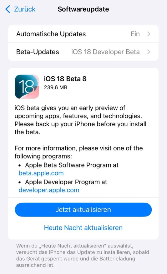 三河苹果手机维修分享苹果 iOS / iPadOS 18 开发者预览版 Beta 8 发布 